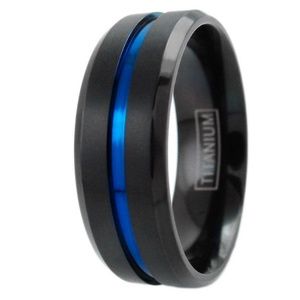 Black Titanium Ring with Recessed Thin Blue Stripe Size 8